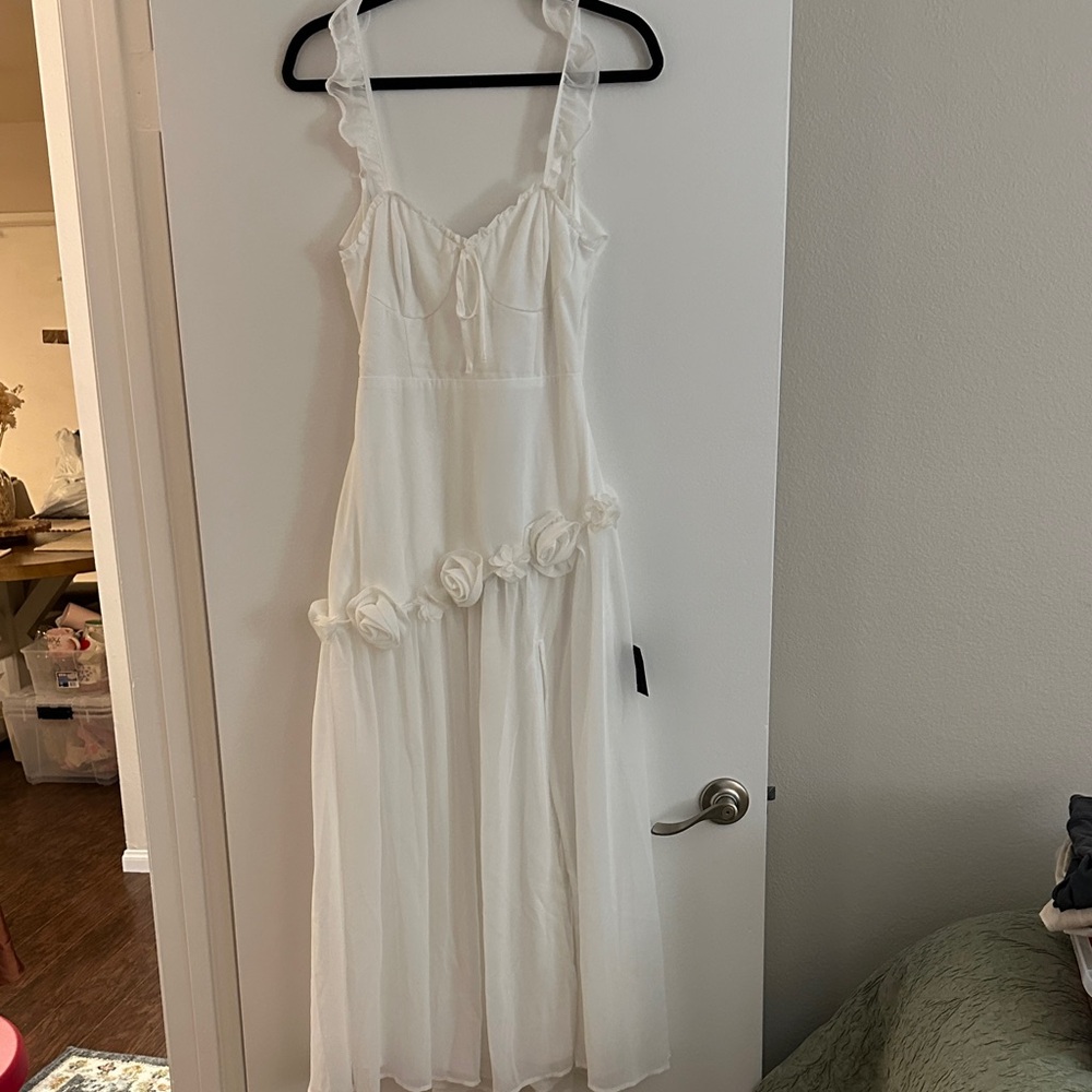 Lulu's White Maxi Dress with Rosette Detail